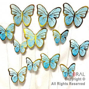 CAKE TOPPER MARIPOSA CELESTE BORDE DORADO CON PINCHE X12 UNIDADES